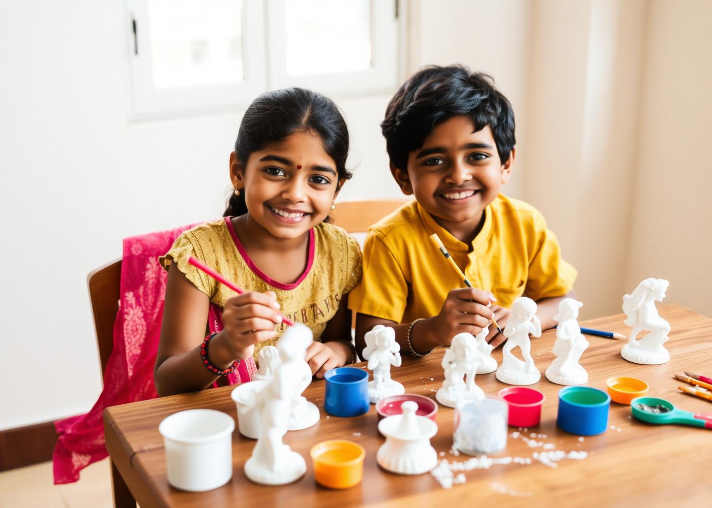 Children painting Rangaroo plaster figurines together at a table
